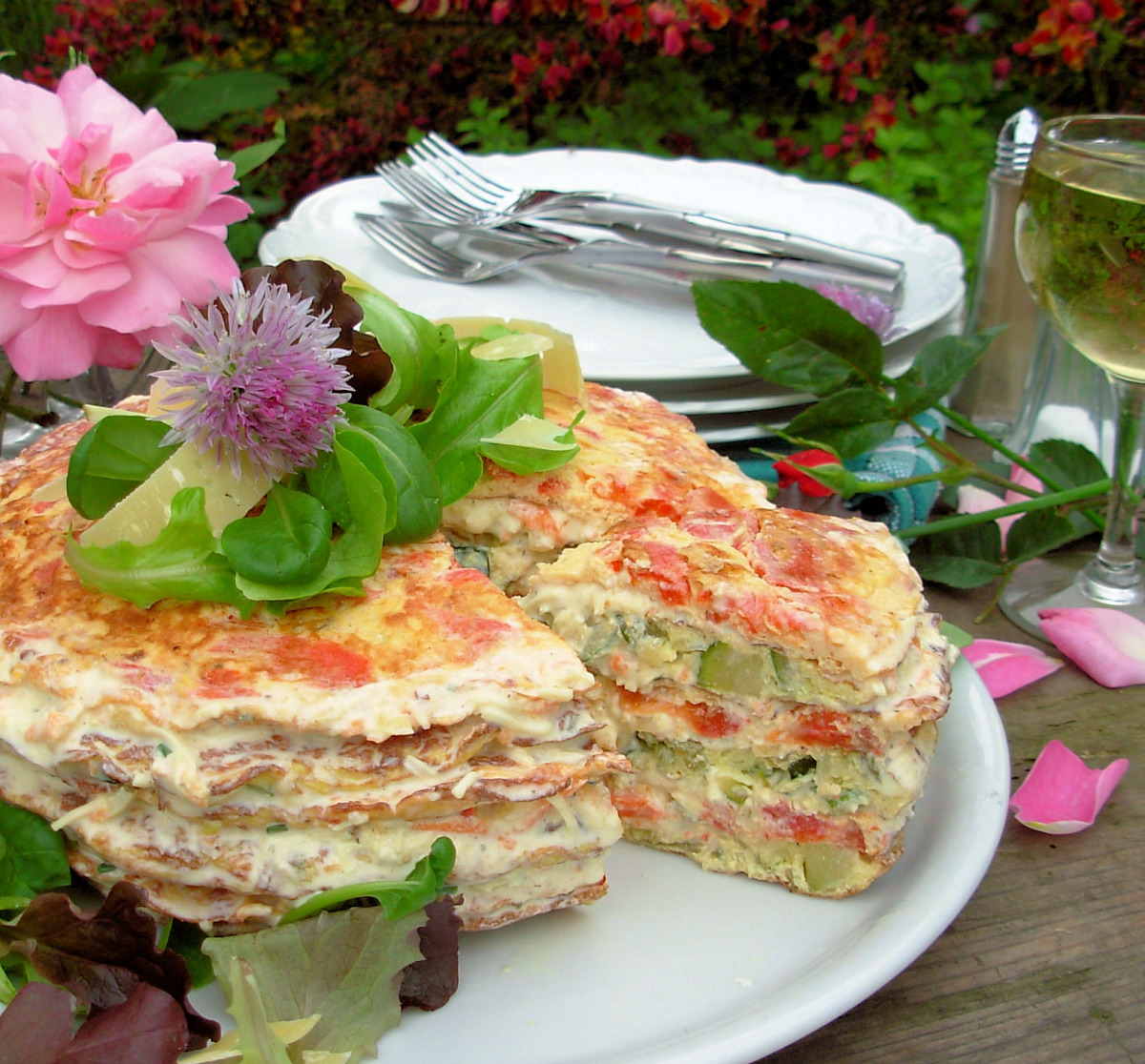 A French Country Affair! Elegant Omelette Gateau W/Chive Flowers