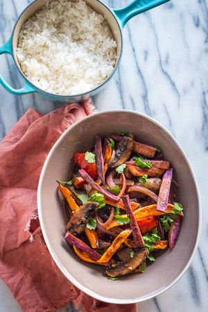 Vegetarian Lomo Saltado with Baked Sweet P